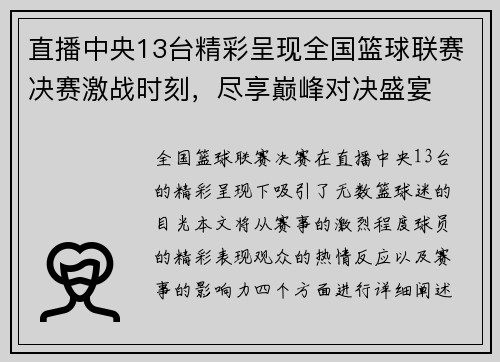 直播中央13台精彩呈现全国篮球联赛决赛激战时刻，尽享巅峰对决盛宴