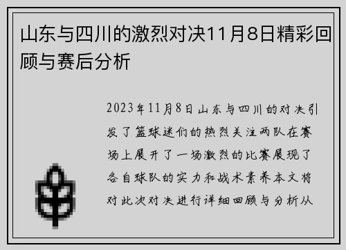 山东与四川的激烈对决11月8日精彩回顾与赛后分析